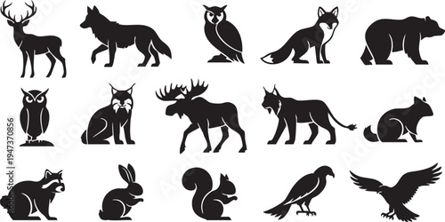 Black silhouettes of various wild animals on white background for design and illustration