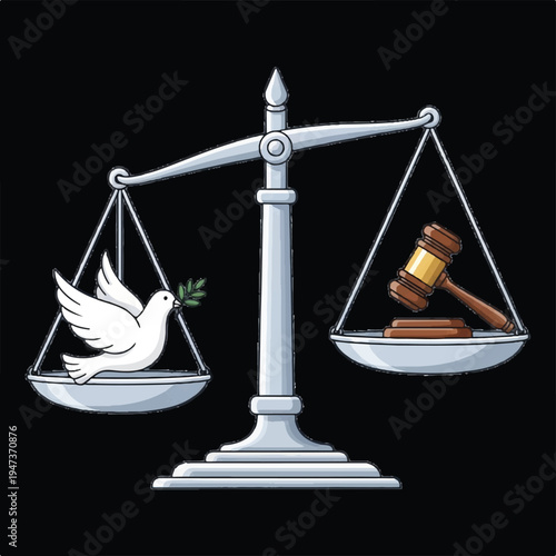 Balanced scales, dove, and gavel symbolizing justice, peace, and law in a single illustrative concept.