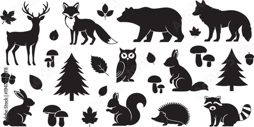 Black silhouettes of forest animals and trees on white background