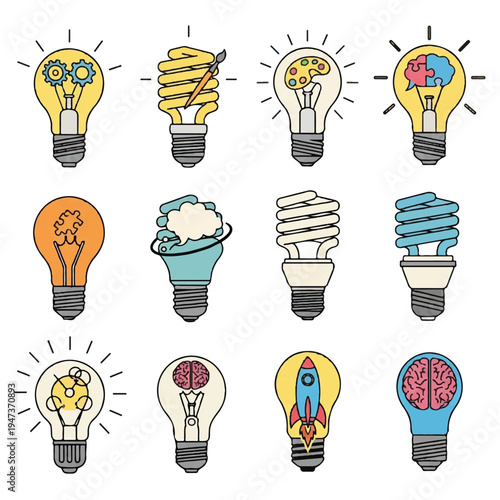 Colorful illustrated light bulbs collection featuring brains, gears, and bursts in a playful design.