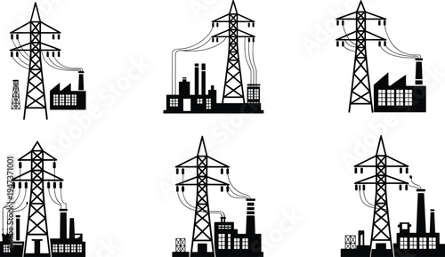 Electric transmission tower and power plant icons set, industrial electricity generation symbols, energy grid infrastructure silhouette vector collection