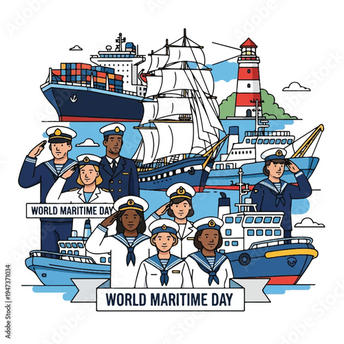 World Maritime Day celebration with colorful ships, crew, and lighthouse illustration.