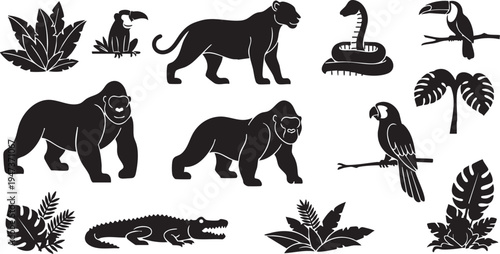 Black silhouettes of jungle animals and tropical plants on white background