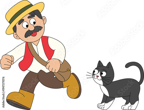 Cartoon postman running with mail bag and cute black cat companion, funny delivery character illustration, friendly postal worker mascot