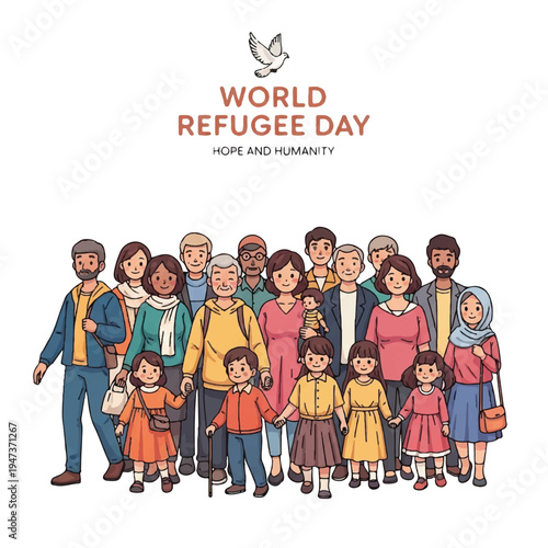 Diverse group of refugees and families illustrated for World Refugee Day celebration.