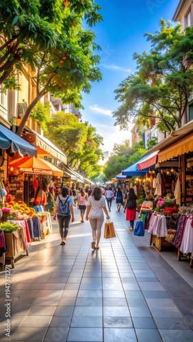 An eye-level shot of people strolling down a vibrant pedestrian street lined with shops and lush trees. Sunlight creates dappled shadows