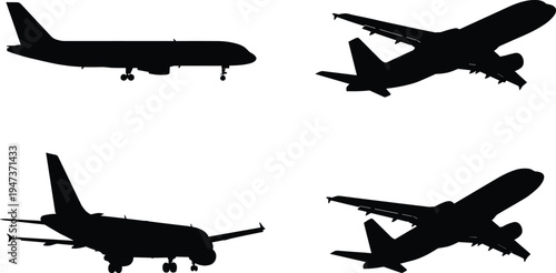 Airplane silhouettes collection, passenger jet aircraft flying and landing positions set, aviation transport travel vector illustration isolated