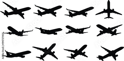 Airplane silhouettes collection showing passenger aircraft in different flying angles isolated on white background aviation transportation vector set