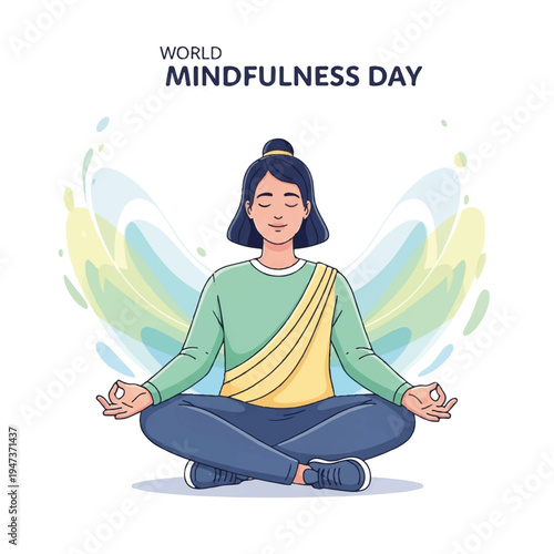 Calm person meditating in a peaceful pose for World Mindfulness Day illustration featuring soft colors.