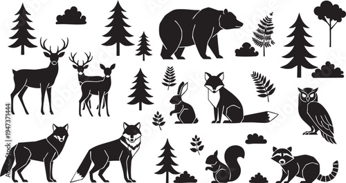 Black silhouettes of forest animals and trees on white background