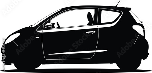 Black car silhouette side view isolated on white background, modern hatchback vehicle shadow illustration, transportation concept automotive design graphic