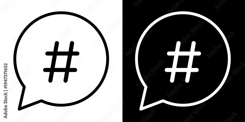 Fototapeta premium Hashtag icon in outline style inside speech bubble representing social media tagging, trending topics, online discussion and digital communication.