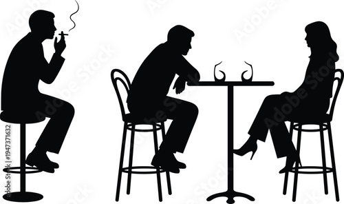 Cafe conversation silhouette scene, man smoking and couple drinking coffee at table isolated black vector illustration set