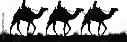 Camel rider silhouettes walking in desert landscape, Arabian caravan travel scene with camels and rider, desert journey vector illustration