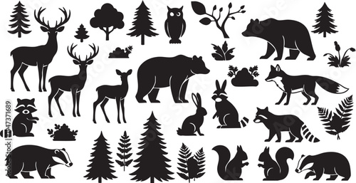 Collection of forest animal and tree silhouettes on white background
