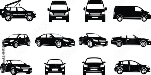 Car silhouette collection set, various vehicle types isolated on white background black automobile vector illustration bundle pack