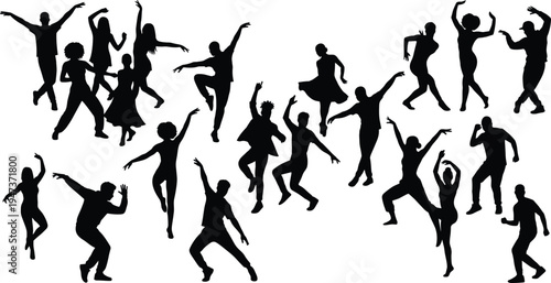 Dancing people silhouettes collection, men and women dynamic dance poses isolated black vector illustration on white background