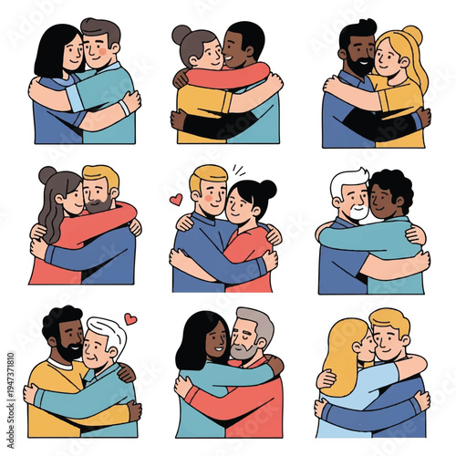 Diverse Couples Embracing in Warm Hugs and Friendly Affection Across Colors and Genders in a Cartoon Style.