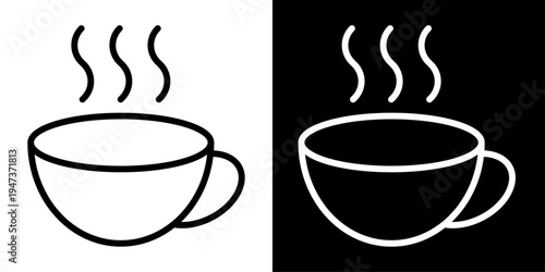 Tea cup icon in outline style showing cup with steam, representing hot beverage, tea time, relaxation,