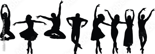 Dancing, people, silhouette, set, ballet, modern, dance, poses, black, figures, isolated, white, background, motion, grace, art, performance, energy, movement, illustration