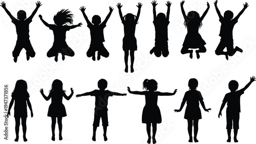 Happy children silhouettes jumping and standing poses collection isolated on white background playful kids movement childhood activity illustration