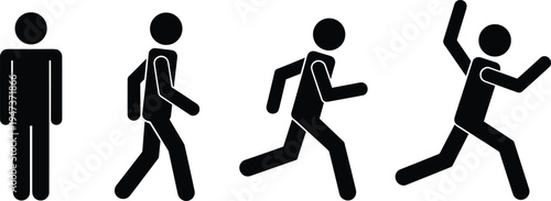 Human walking and running silhouette sequence isolated on white background, people movement steps progression, activity motion icon set
