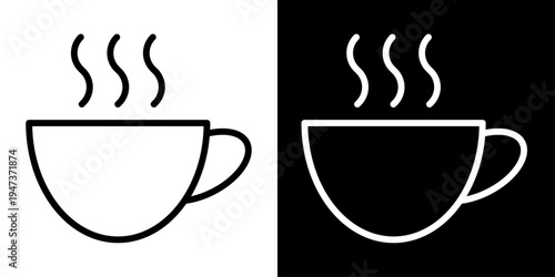 Coffee cup icon in outline style with steam representing hot beverage, cafe drink, morning coffee, tea or espresso for restaurant menus and UI design.