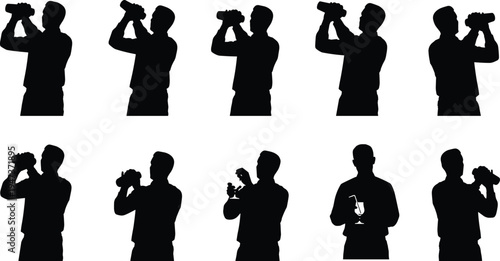 Man drinking water and beverage silhouette set isolated on white background, male hydration drink bottle glass vector illustration