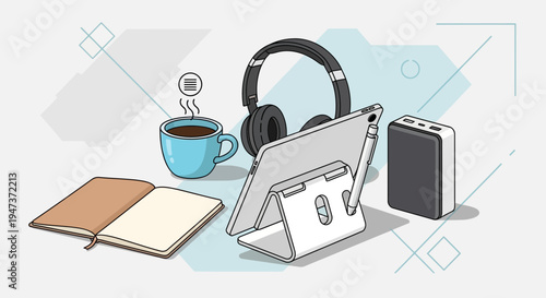 Desk Setup: Tablet, Headphones, Coffee, Notebook, Power Bank for Remote Work