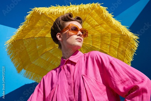 Minimalist fashion portrait featuring magenta ruffles, orange eyewear and a yellow straw texture.
