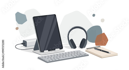 Digital Workspace Setup: Tablet, Keyboard, Headphones, Notebook, and Charger
