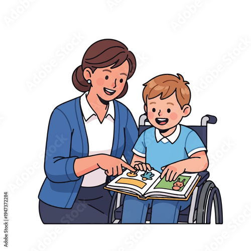 Caring educator assists a child in a wheelchair with reading and learning in a supportive classroom scene.