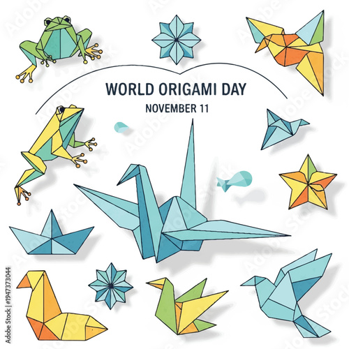 Colorful Origami Birds Celebration for World Origami Day November 11.