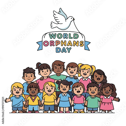 Diverse group of children celebrating World Orphans Day with banner and dove.