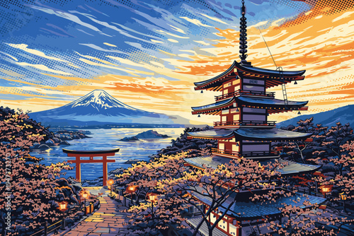 Beautiful Japanese Landscape Scenic Vector Illustration