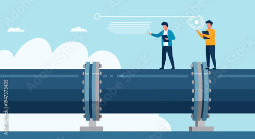 Two technical professionals are meticulously analyzing data and monitoring the integrity of a vast industrial pipeline using advanced holographic technology.