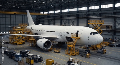 White Commercial Airliner Undergoing Maintenance in a Large Aircraft Hangar with Scaffolding and Industrial Equipment
