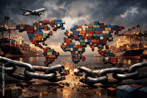 Wallpaper Mural Global trade disruption with broken chain and shipping containers forming a world map Torontodigital.ca