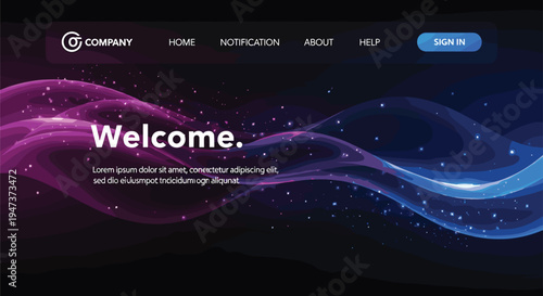 Modern Futuristic Website Hero Banner Background with Abstract Purple Liquid Waves Glowing Stars and Navigation Menu Bar for Tech Landing Page Web Design