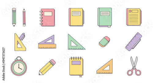 Colorful school supplies set on white background