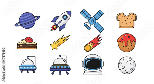 Colorful space elements and food icons