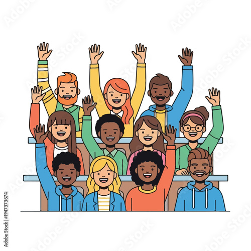 Diverse Group of People Cheerfully Raising Hands in Unity.