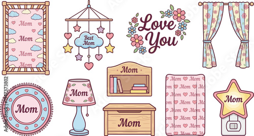 Assorted nursery and bedroom decor items featuring the word 'Mom' are arranged with pastel colors suitable for a baby's room or Mother's Day theme.