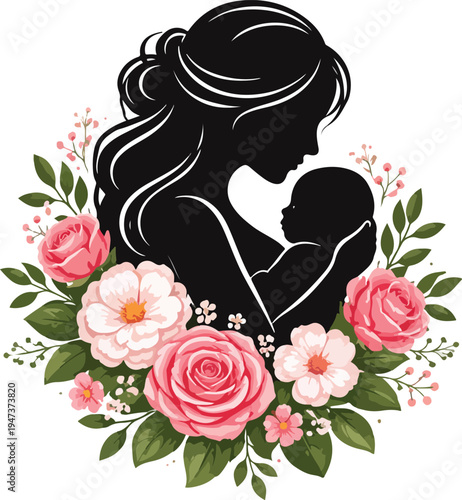 Elegant silhouette of mother hugging baby with pink roses and floral decoration, motherhood love concept illustration for Mother’s Day celebration