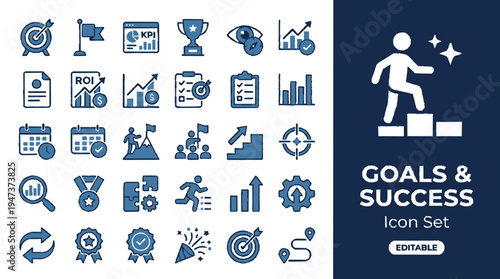 Editable blue icon set showcasing goals and success themes with symbols for progress achievement and motivation