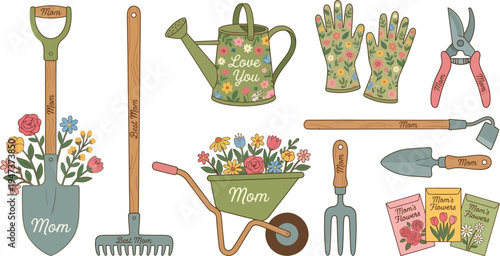 Various gardening tools and accessories designed with floral patterns and 'Mom' inscriptions are displayed against a white background for Mother's Day.