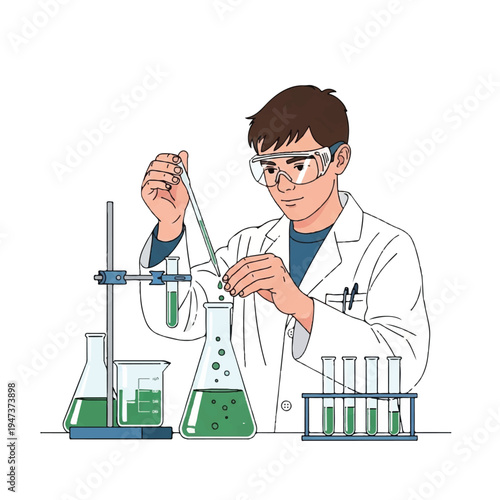 A scientist in a laboratory conducts chemical experiments using glassware and protective gear.