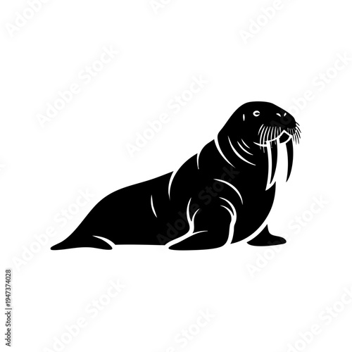 A stylized black and white walrus lying down in a relaxed pose