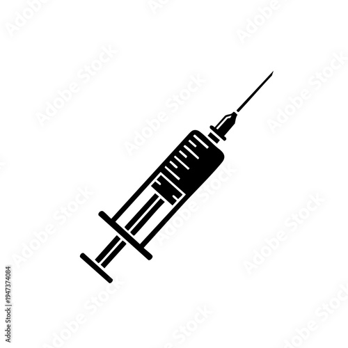 A black and white illustration of a syringe with a needle attached