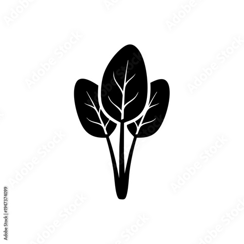Minimalist black and white illustration of three spinach leaves